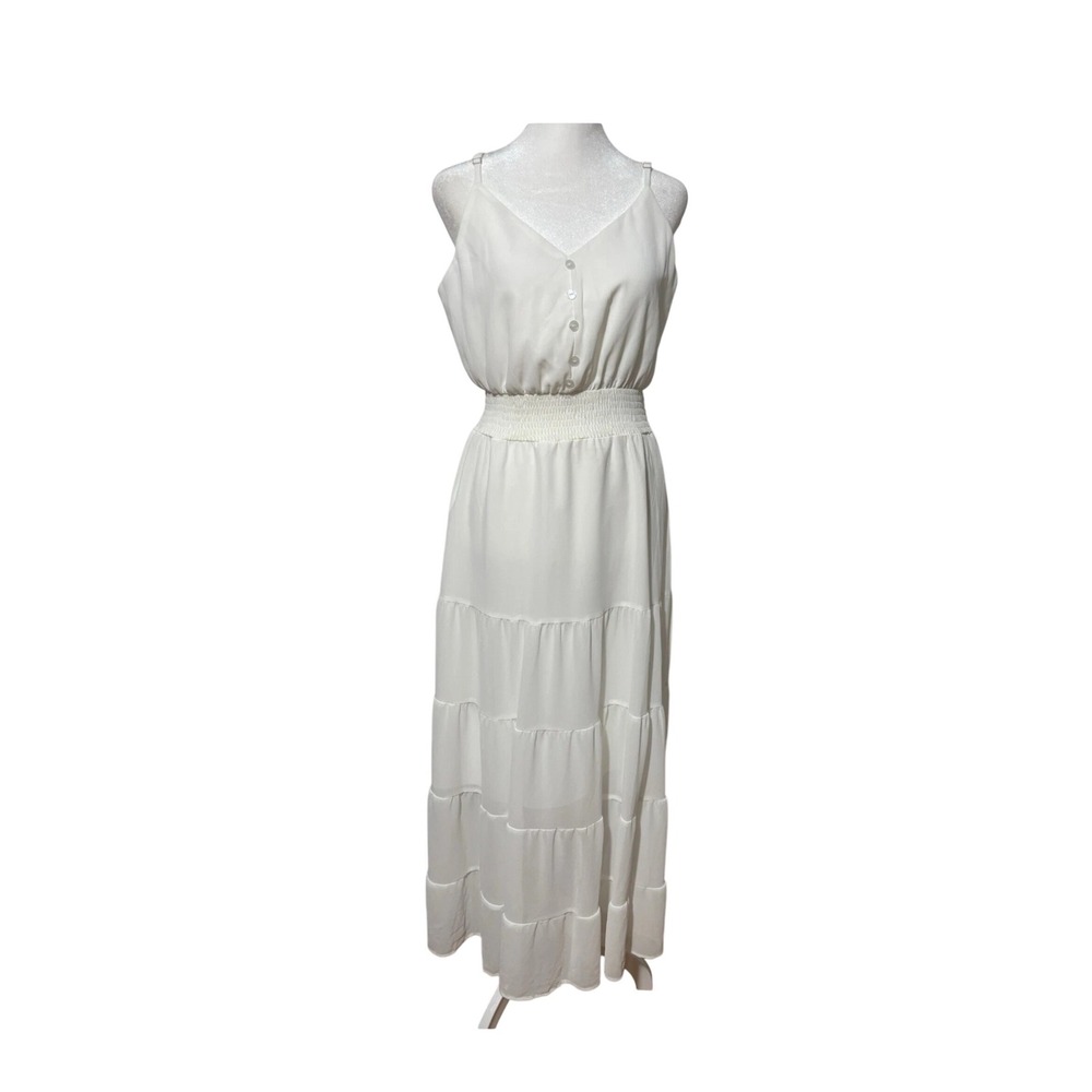 Elegant Cream Tiered Maxi Dress Spaghetti Straps Button Front Smocked Waist